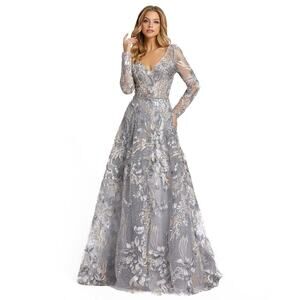 Mac Duggal 20214 Long Sleeve Bead Applique Gown Size 16 Grey Multi Floral NWT